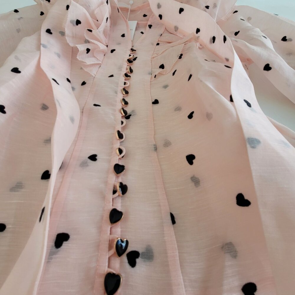 Zimmermann Crush Embroidered Frill Silk Linen Blouse Pink Hearts 💕NWT size AU 2 - Picture 10 of 10